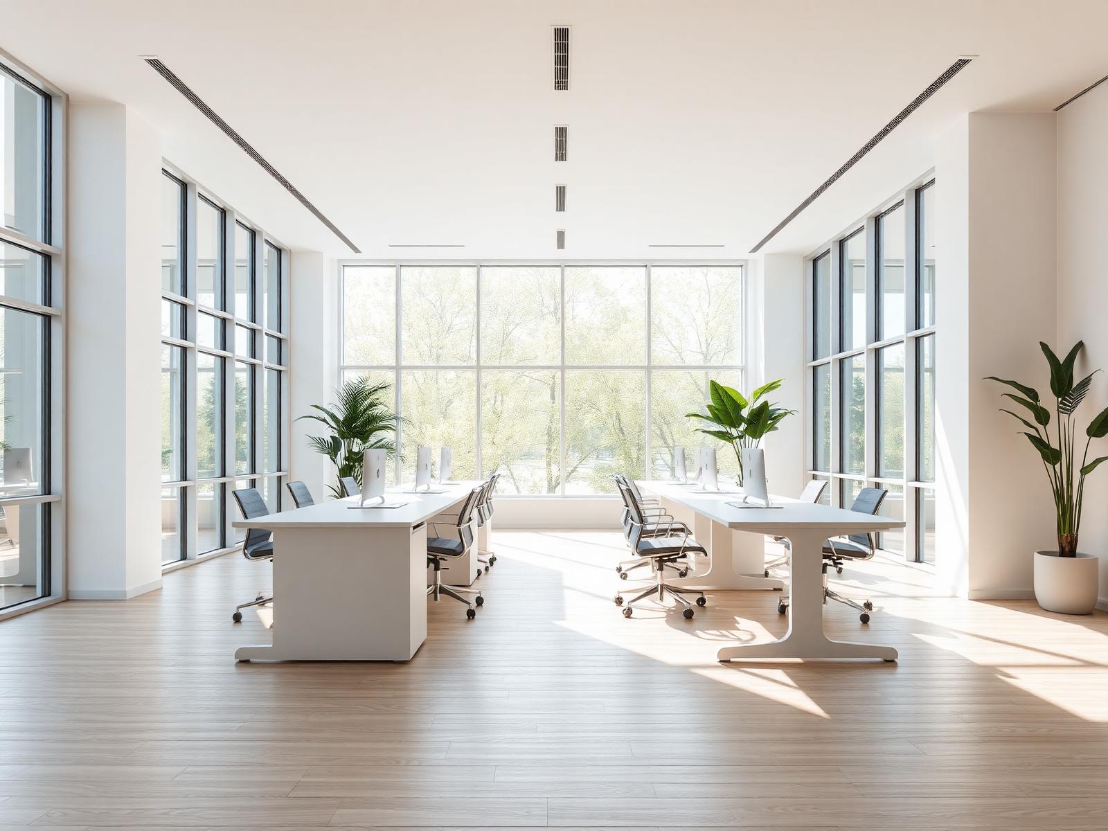 Bright, sunlit spotless modern office interior representing the Shine cleaning standard